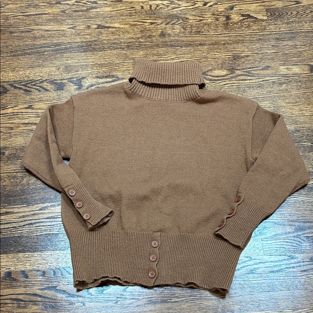 Camel Turtleneck Sweater with Button Details